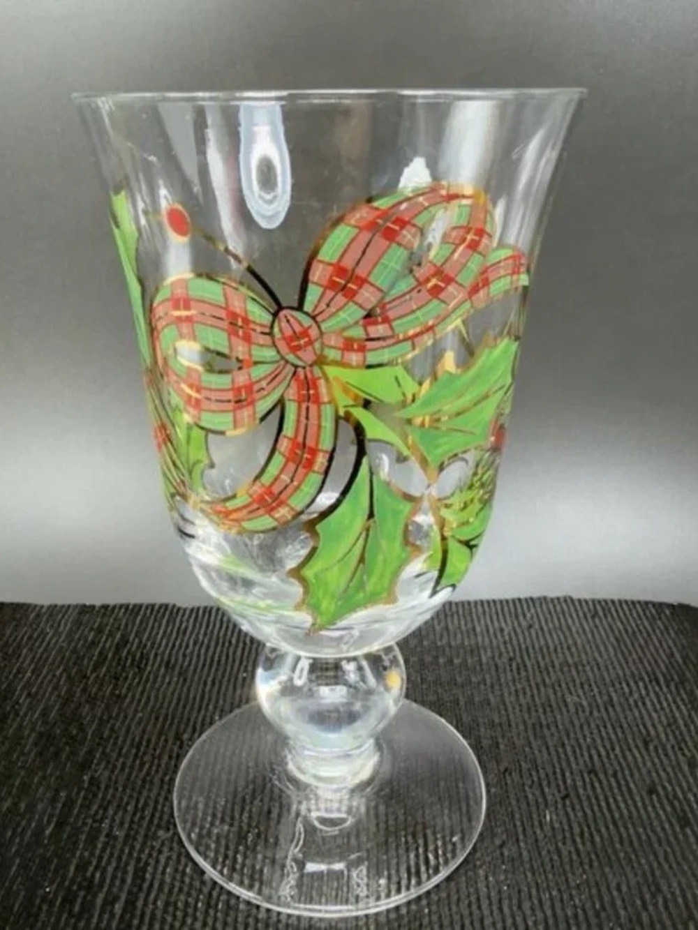 Hand-Painted Glass Goblet with Green Holly and Red Plaid Bow